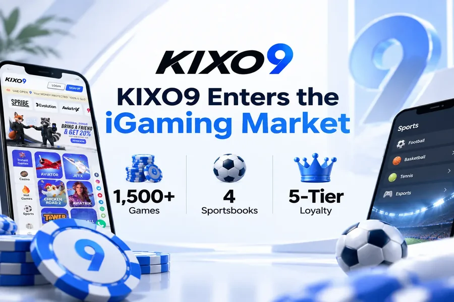 KIXO9 Enters the iGaming Market" featuring key stats: 1,500+ Games, 4 Sportsbooks, and 5-Tier Loyalty